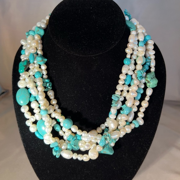 Freshwater Cultured Pearls w/Turquoise Handmade, 18”. Various Pearl Types & Size - Picture 1 of 4